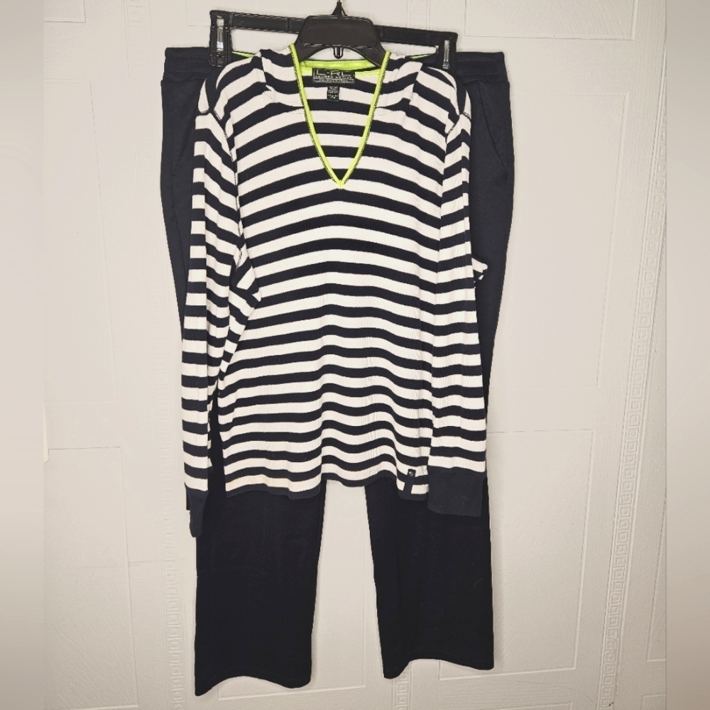 Lauren Ralph Lauren Active Navy White Stripe Waffle Knit Hoodie Navy Pant Set XL
